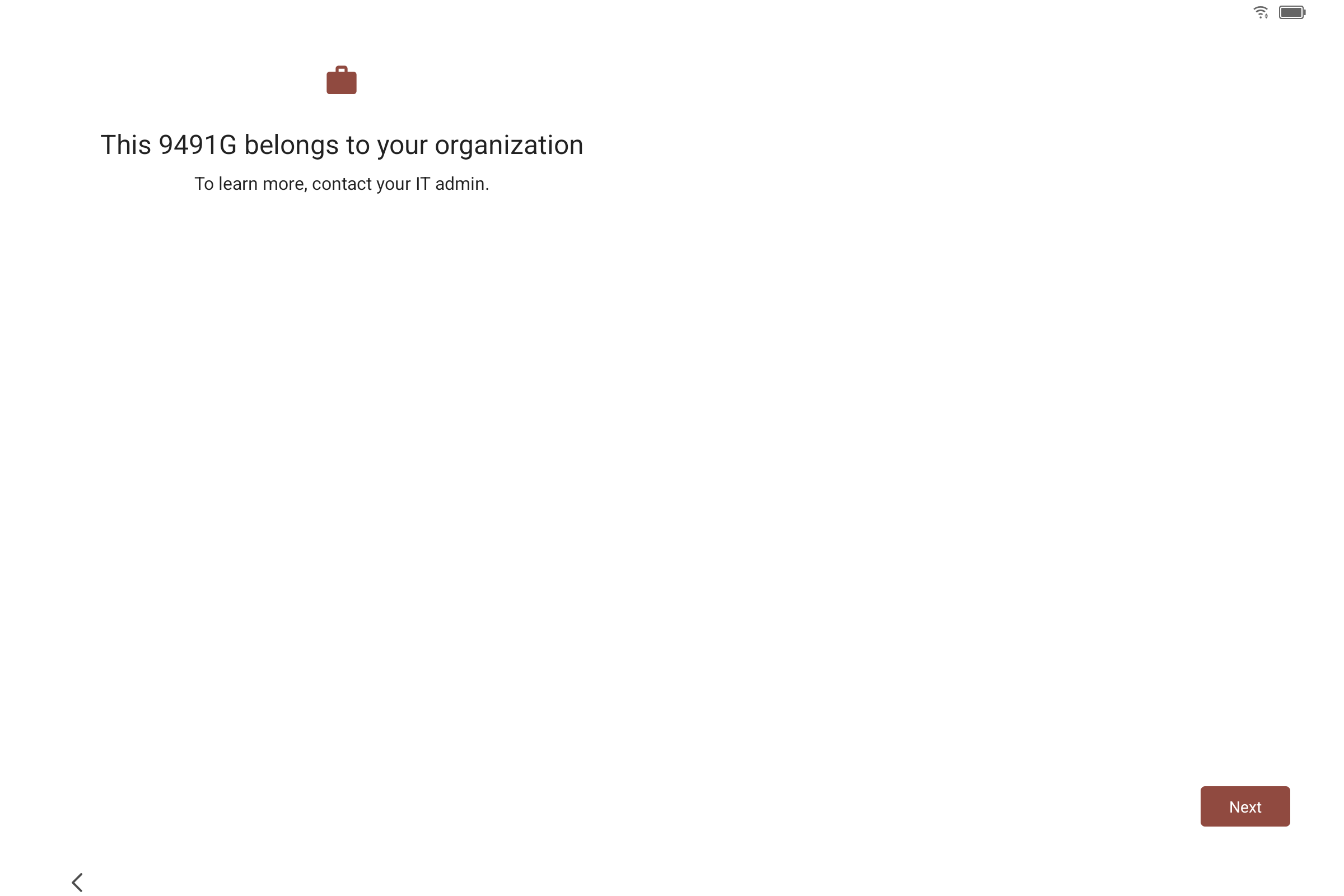 Android screen reading 'This tablet belongs to your organisation' with a Next button