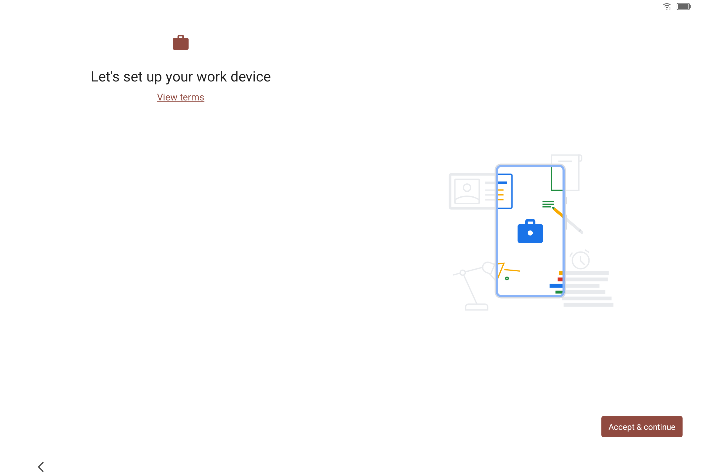 Android screen reading 'Let's set up your work device' with an Accept and continue button