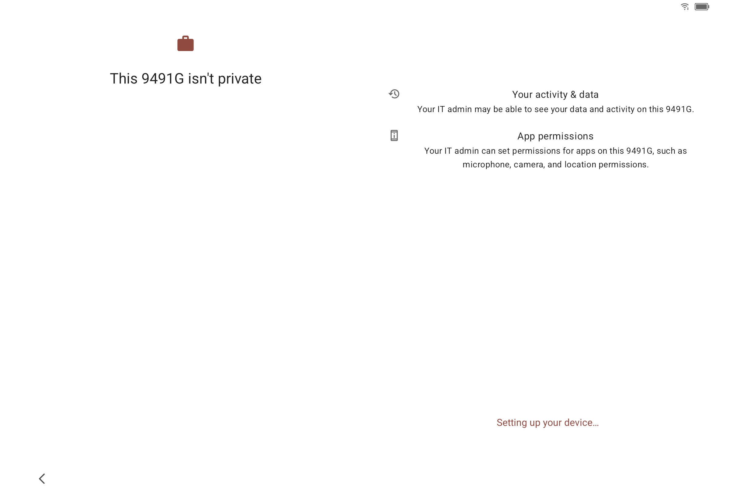 Android screen reading 'This tablet isn't private' with notices about activity and app permissions, and a 'Setting up your device' progress message at the bottom