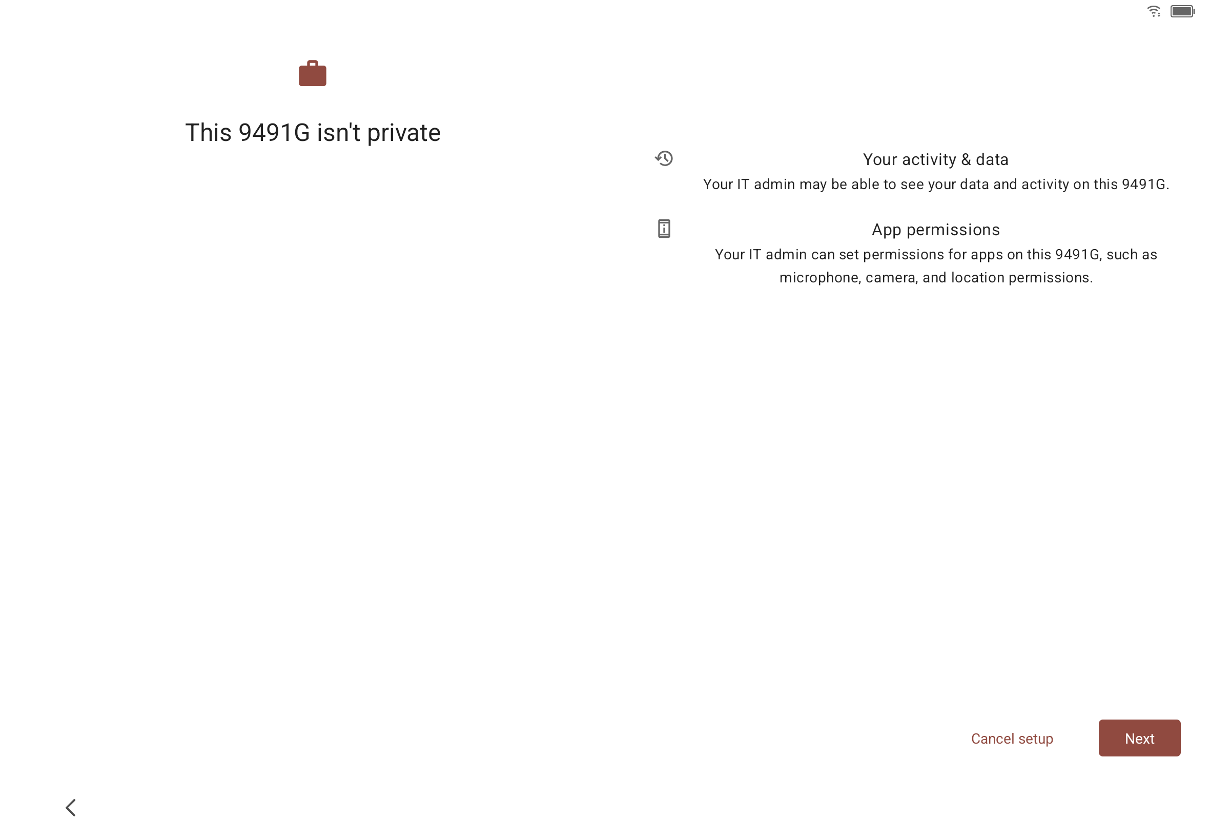 The same 'This tablet isn't private' screen now showing Cancel setup and Next buttons
